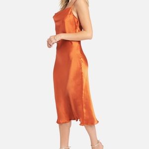 Rust BEBE cowl neck satin midi slip dress M